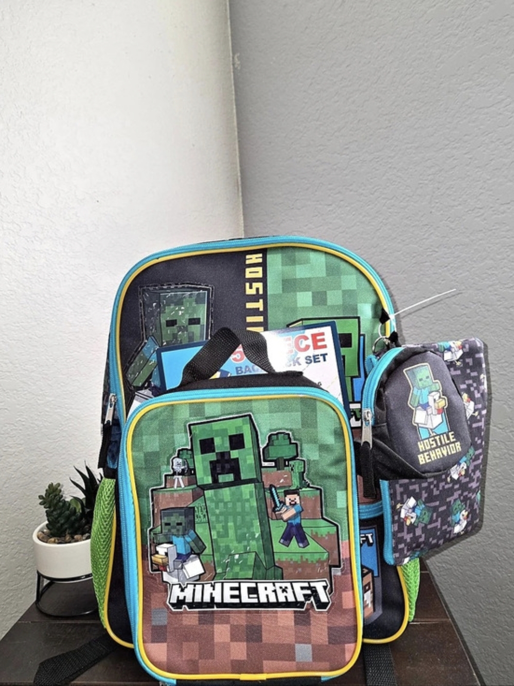 🔥Minecraft Hostile Behavior 5-Piece Backpack Set Green & Black